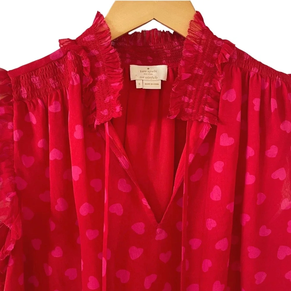 Kate Spade Red Sleeveless Top Heart Print Ruffle‎ Trim Blouse